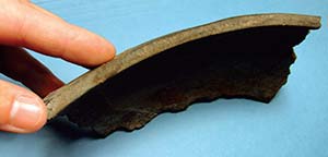 Fragmento de vasija cerámica procedente del sitio Cueva de Cristóbal, en la zona de El Aguilar, en la puna de Jujuy. Tiene entre 2800 y 2600 años de antigüedad. En esa cerámica se hallaron residuos microscópicos de alimentos que contenían quinua.