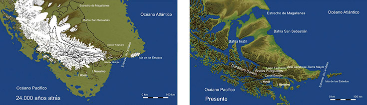 Tierra del Fuego en la última glaciación, cuando los hielos cubrían el equivalente de la mitad de su superficie actual, y en el presente.