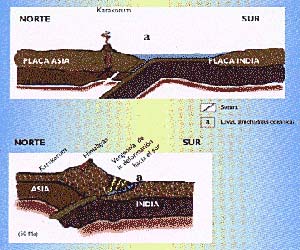 Figura-4. Esquema que muestra la formación del Himalaya hace entre cincuenta y ochenta millones de años, por colisión de dos placas continentales. a) la corteza oceánica de la placa India se hundió por debajo de Asia y originó el arco volcánico del Karakorum b) cuando dicha corteza se terminó de consumir por subducción, las dos placas continentales hicieron colisión y se produjo una intensa deformación en la zona de sutura. Hoy quedan en esta restos de la antigua corteza oceánica, atrapados entre los dos continentes. La dirección de transporte o vergencia de la deformación es hacia el sur.