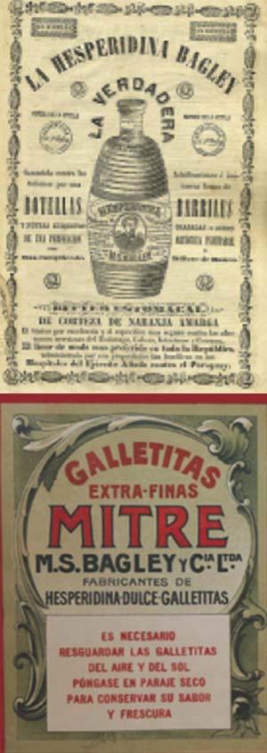 Arriba Etiqueta de los primeros tiempos, ca. 1865. Abajo Etiqueta de las galletitas Mitre.