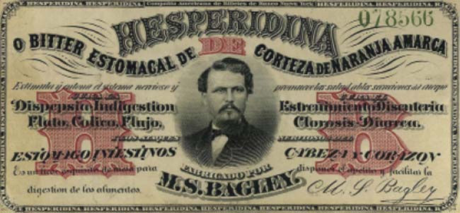 Etiqueta de seguridad numerada impresa en los Estados Unidos por la American Banknote Company, que Bagley adoptó en 1867 para impedir falsificaciones.