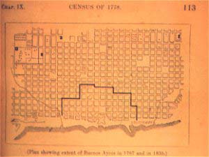 Mapa de la expansión de la ciudad de Buenos Aires, entre 1767 y 1836, figura en la segunda edición de Parish.