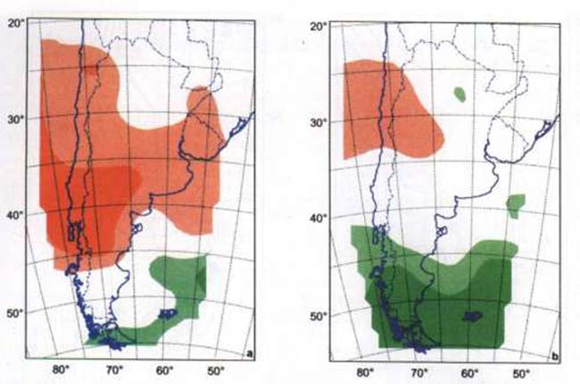 FIG 5a y 5b En las regiones coloreadas verdeo oscuro los cinco modelos ensayados predicen aumento de precipitación, mientras que en aquellas coloreadas verde claro, cuatro de los cinco modelos predicen aumento de la precipitación. Los cinco modelos predicen disminución de la precipitación en las zonas rojo oscuro; mientras que cuatro de los cinco lo hacen en las zonas rojo claro. Se señalan datos para el verano (a) y el invierno (b).