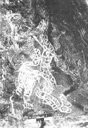 Figura zooatropomorfa pintada en color blanco, Cueva de la Calendaria, Catamarca. Probablemente sea la representación de un shamán transformado en jaguar durante el trance.