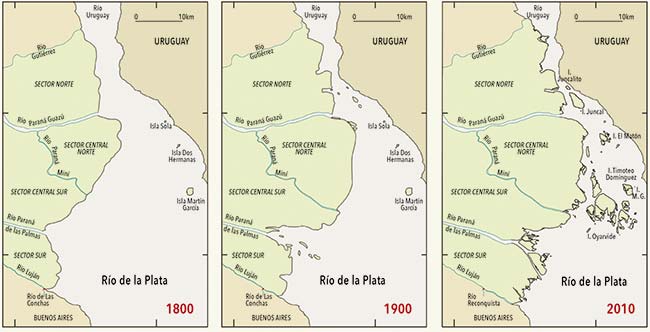 Avance del delta del Paraná entre 1800 y 2010. Adviértase cómo la desembocadura en el Luján del río de Las Conchas (actual Reconquista) quedó en 2010 a alrededor de 7,6km del Río de la Plata, una distancia que no existía en 1800. Esto significa que dicho sector el delta avanzó a una velocidad media de 36,2m/año.