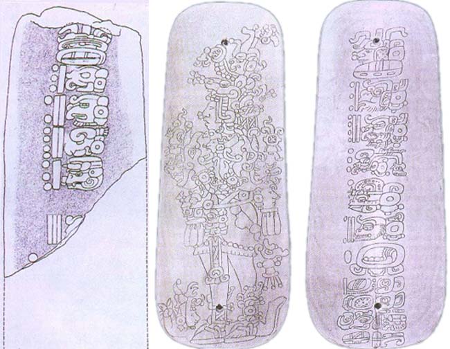 Izq.: Estela de Tikal con la fecha más antigua conocida para las tierras bajas mayas 8.12.14.8.15 (292 d.C.). Der.: Placa de Peiden; en el reverso (der.) la fecha de la Cuenta Larga 8.14.3.1.12 que corresponde al 320 d.C.
