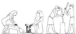 Figura 1. Elaboración del pan en el antiguo Egipto, según una representación hallada en la tumba del faraón Intef-inker, de la dinastía XII, en Tebas. A la derecha dos hombres están rompiendo los granos de trigo con pilones en un mortero. En el centro se observa una mujer tamizando el producto obtenido y, a la izquierda, otra mujer realizando una molienda fina con un molinillo de mano en forma de silla de montar. 