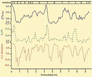 Fig 1. Variación en profundidad de las relaciones isotópicas del oxígeno, temperatura superficial del agua (ºC ) y abundancia del radiolario Cyclaphora Davisiana en el testigo marino RC11-120 (modificado de Hays et al, 1976)