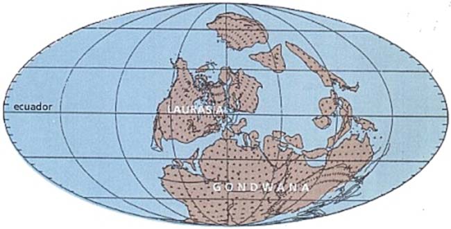 Fig 1: Mapamundi paleográfico del Carbonífero temprano (según Scotese y McKerrow). Obsérvese que Laurasia incluye gran parte de América del Norte y Europa.