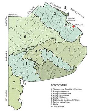 Figura 1. Mapa de la provincia de Buenos Aires en el que se indica el área que ocupa la pampa ondulada.