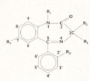 Fig 5 Estructura del nucleo de las benzodiazepinas y  naturaleza de los requerimientos necesarios  para que sean activos. Se requiere el anillo 1.4 benzodiazepinico un atomo o grupo captador de  electrones en t. como cloro bromo o fluor o bien  grupos nitro (NO2) o grupos azida (N3) cloro, bromo o fluor en la posicion 2 un fenilo en la posición 5
