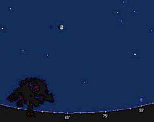 16 de mayo (puesta del Sol). Marte y la Luna se visitan. Arriba a la izquierda, Regulus. La estrella más brillante a la derecha es Spica, en Virgo.