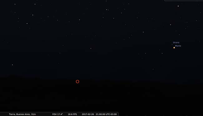 Incluyo la imagen 2017-2-26 21-00.png  para este evento con el siguiente epígrafe: Representación  del cielo realizada con el software Stellarium para el anochecer del 26 de febrero a las 21hs, mirando hacia el oeste.