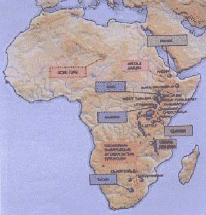 Figura 1- Mapa de Africa en el que se indican los sitios donde han sido hallados restos de Australopithecus y de los primeros Homo