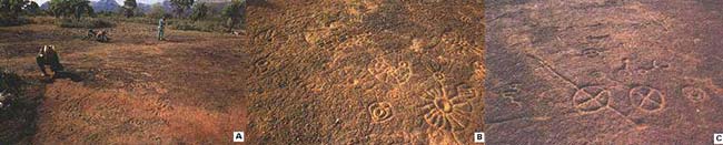 Fig 9. Los arqueólogos limpian la roca horizontal con petroglifos en la estancia Figueirinha (A), en la base de la "morraria". Detalles de los dibujos entrados en ese lugar (B) y en la estancia Laje de Pedra (C).