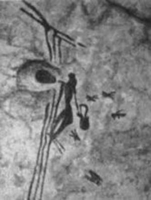 Figura 1. Pintura rupestre hallada en Bicorp, Valencia, que muestra una persona acercándose a un panal colgado de una rama de árbol.
