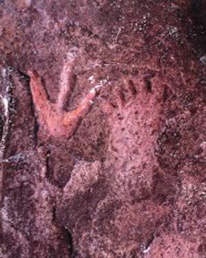 Grabados rupestres en el sitio arqueológico Abrigo de Pilcaniyeu. En la foto se observan motivos del estilo "pisadas" (tridígitos y pisada humana), de amplia distribución en la Patagonia. El arte de este sitio fue estudiado por R. Casamiquela (1986) y A. M. Llamazares (1982).