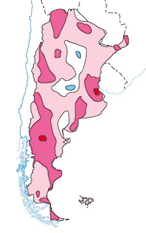 Figura 1. Cambio de la temperatura media anual en la Argentina entre 1960 y 2010. Los contornos indican cambios de 0,5°C. En rosado claro, zonas en que se registró un aumento de 0,5°C; en rosado oscuro, aumento de 1°C; en rojo, aumento de 1,5°C; en blanco, sin cambio; en azul, disminución menor que 0,5°C. Dada la escala del mapa, debe considerarse un esquema aproximado.  