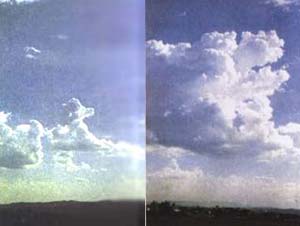 Izq.: Fig1 Las nubes (cúmulos -típicas) tienen un ancho y alto de centenas de metros y, al unirse. Der.: Fig2 Algunas nubes cúmulos, mayores son denominadas cúmulos swelling, es decir " infladas"