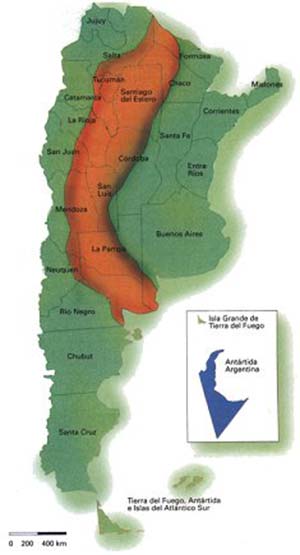 Distribución de las tortugas terrestres (chelonoides chilensis, C. donosobarrosi y C. petersi) en la República Argentina (elaboración propia a partir de Cei, 1986)