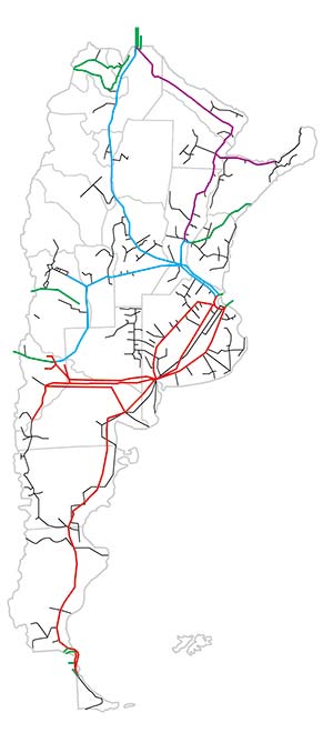 Red de gasoductos de la Argentina. Las líneas troncales, diferenciadas por empresa transportadora, se muestran en color (las verdes fueron construidas para exportar). En negro, los ramales de distribución. En el noreste del país falta construir algunos tramos mostrados.