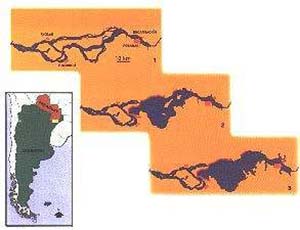 Fig 5. Tramo del Alto Paraná entre Santa Ana e Itá Ibaté. Aspecto hidrográfico original (1), el actual (2) con el embalse principal del Yacyretá a cota 76m y el previsto a cota 84m y sin el embalse compensador (3)