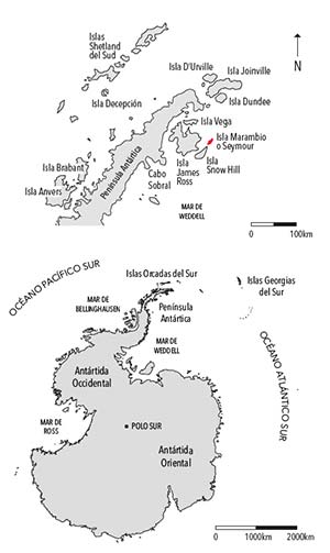 El extremo norte de la península antártica y la ubicación de la base Marambio, y el continente antártico en la actualidad.